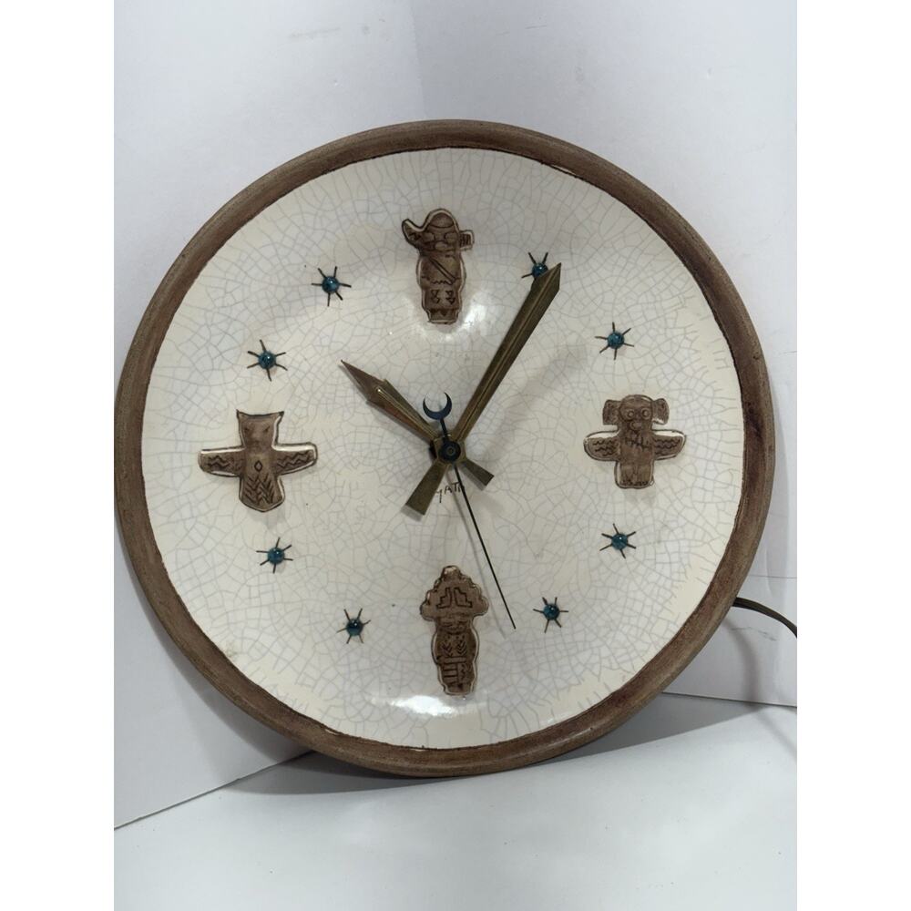 Vintage Signed Gatti Ceramic Native American Tribal Inspired Electric Wall Clock